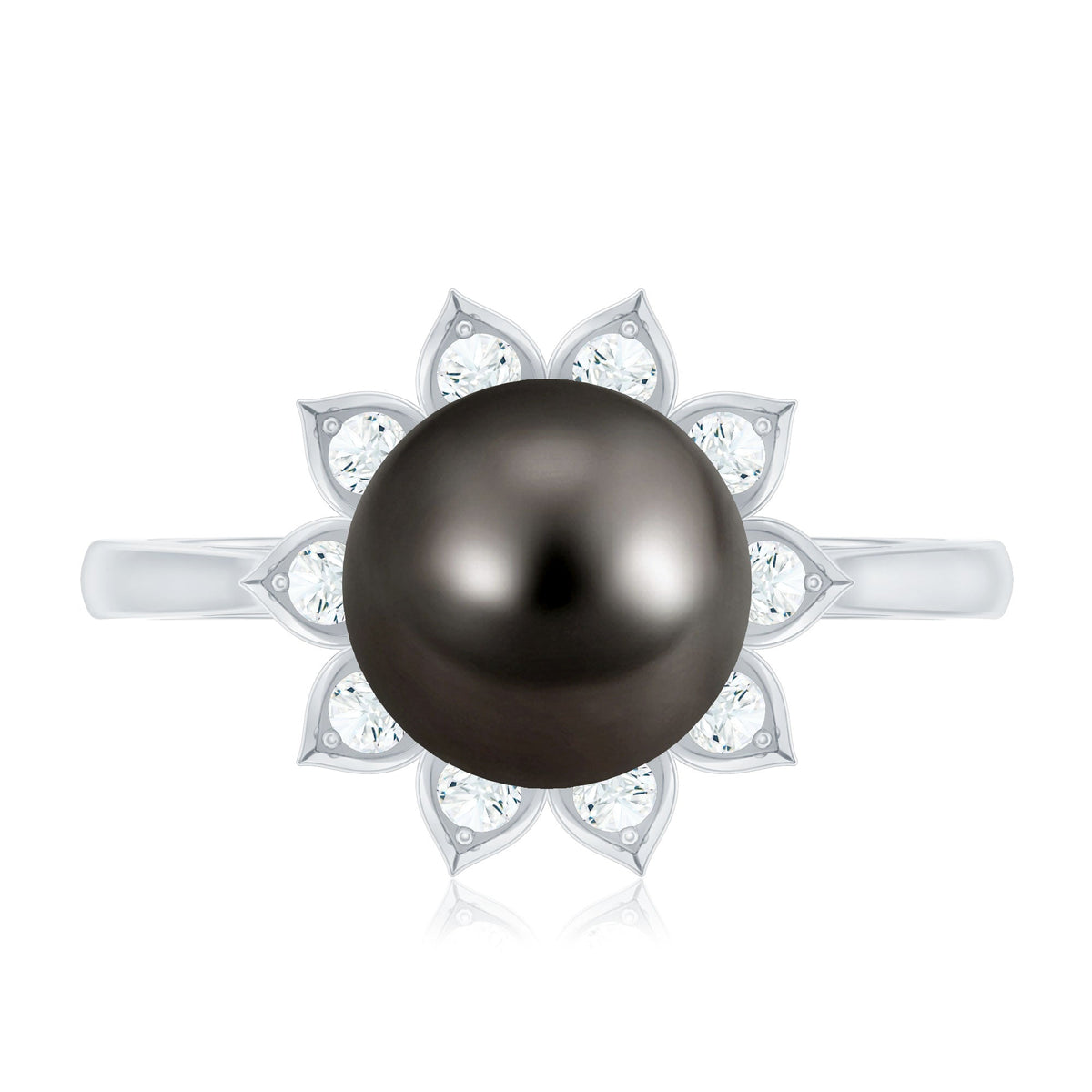 Tahitian black pearl engagement ring with diamond floral halo, showcasing elegant craftsmanship and sparkling accents by Rosec Jewels.