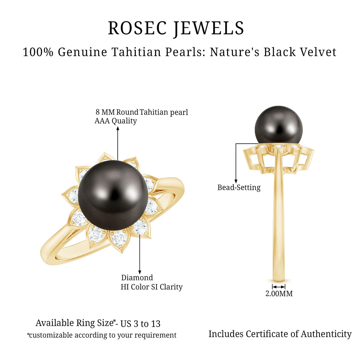 Tahitian black pearl engagement ring with diamond floral halo, rose gold band, from Rosec Jewels, close-up of detailed design