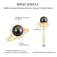 Tahitian black pearl engagement ring with diamond floral halo, rose gold band, from Rosec Jewels, close-up of detailed design