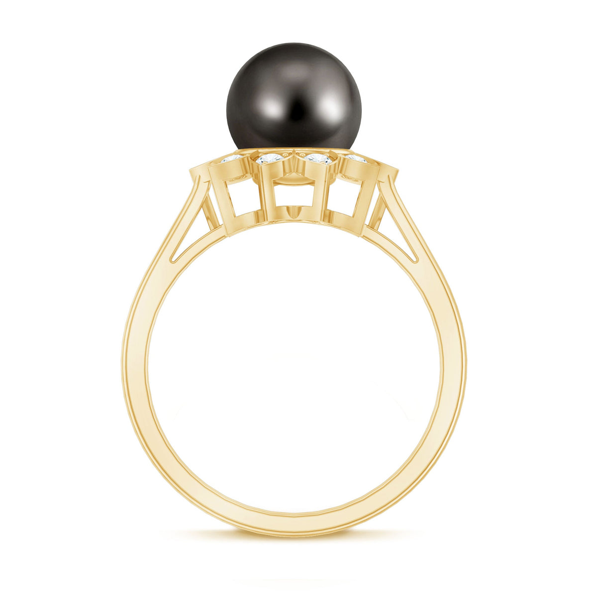 Tahitian black pearl engagement ring with diamond floral halo, featuring a Rosec Jewels ring design with intricate detailing.