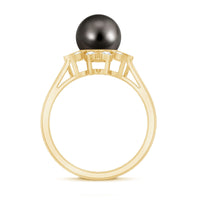 Tahitian black pearl engagement ring with diamond floral halo, featuring a Rosec Jewels ring design with intricate detailing.