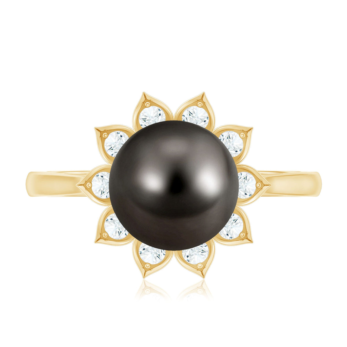 Tahitian black pearl engagement ring with diamond floral halo by Rosec Jewels, showcasing a stunning black pearl center and intricate halo design.