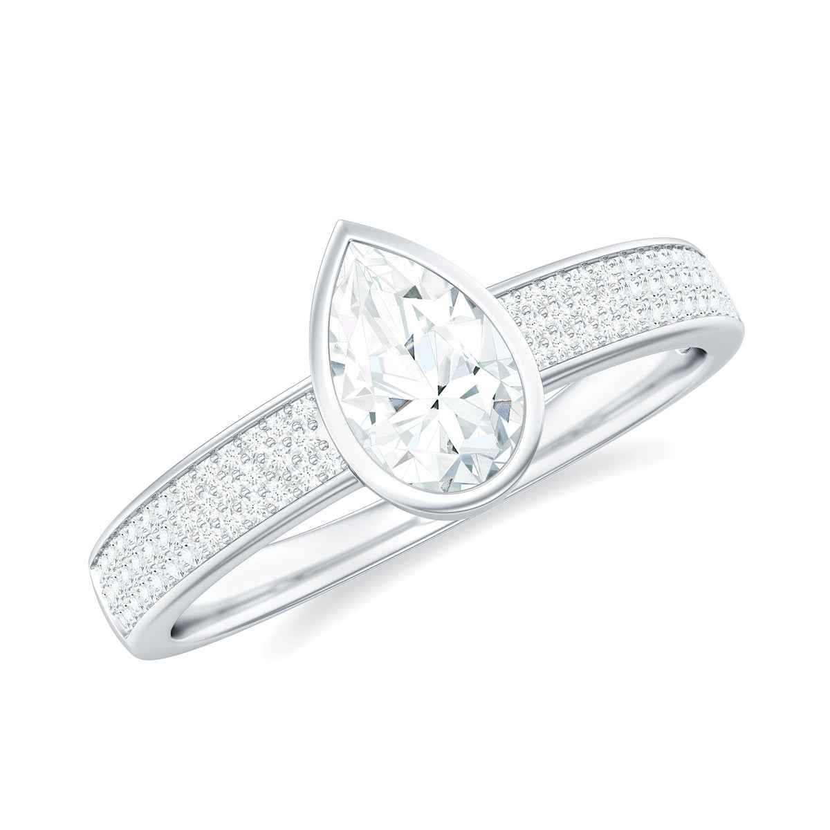 Pear Cut Moissanite Bezel Set Engagement Ring With Side Stones