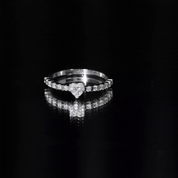 Yellow gold moissanite heart engagement ring with side stones, certified 5mm Rosec Jewels rings.