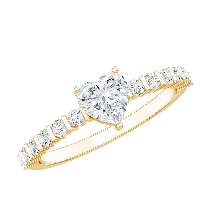 Certified 5mm moissanite heart engagement ring with side stones from Rosec Jewels, showcasing a sparkling heart-shaped center and side accents.