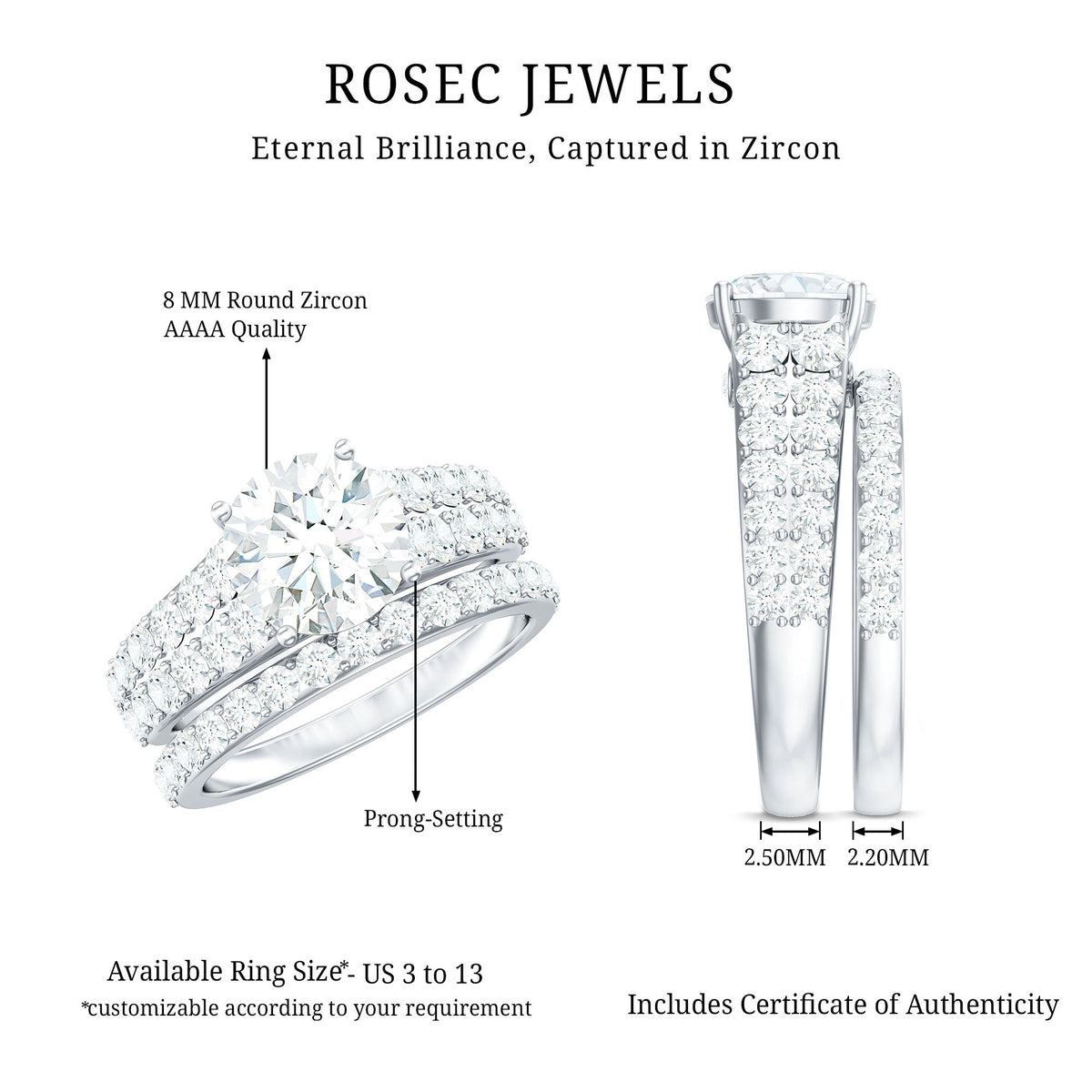 8 MM Zircon Wedding Ring Set in Prong Setting