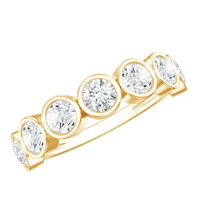 Round 2.2 carat moissanite half eternity ring in bezel setting, elegant jewelry by Rosec Jewels with sparkling stones.