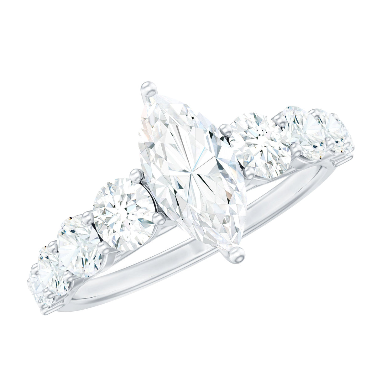 Marquise cut moissanite engagement ring with side stones from Rosec Jewels, featuring a sparkling central stone and elegant band.