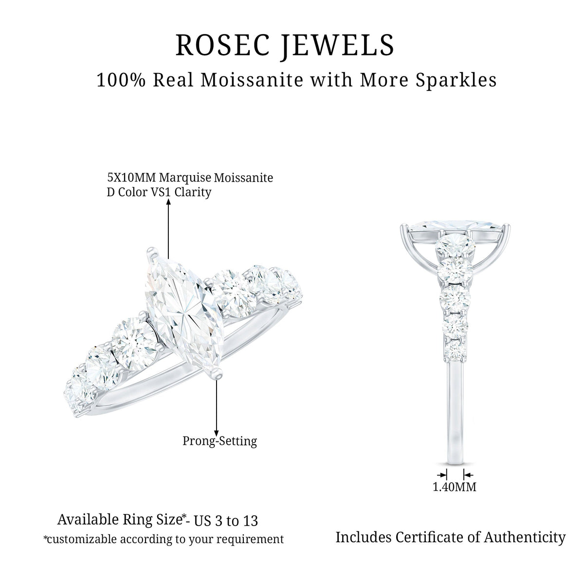 Marquise cut moissanite engagement ring with side stones from Rosec Jewels, showcasing the elegant central gemstone and sparkling accents.