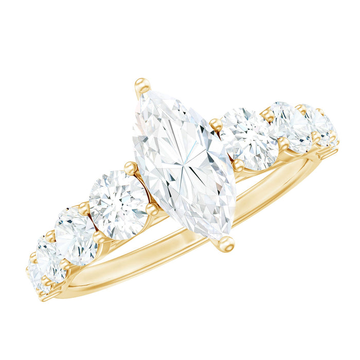 Marquise cut moissanite engagement ring with side stones from Rosec Jewels, showcasing a sparkling center stone and elegant band design.
