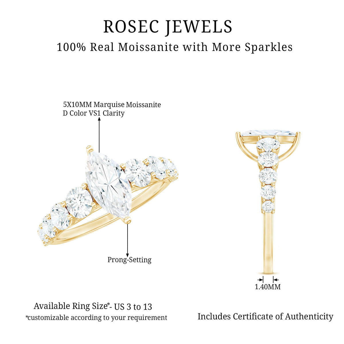 Marquise cut moissanite engagement ring with side stones from Rosec Jewels showing the sparkling central stone and side accents.