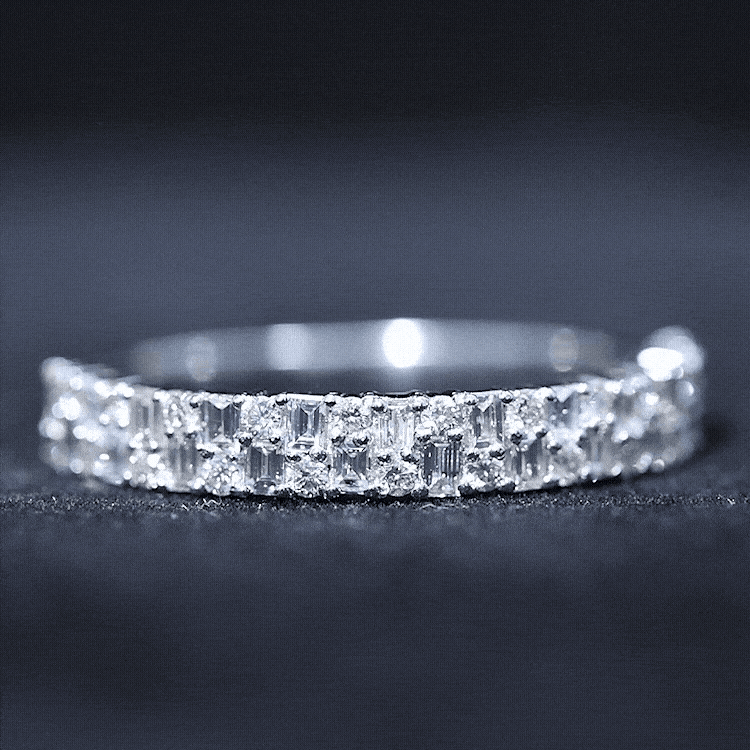 Yellow gold Baguette and Round Moissanite Half Eternity Band Ring by Rosec Jewels featuring sparkling gemstones.