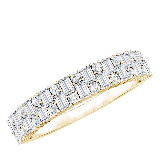 Rosec Jewels moissanite half eternity band ring with baguette and round stones, showcasing elegant, sparkling jewelry design.