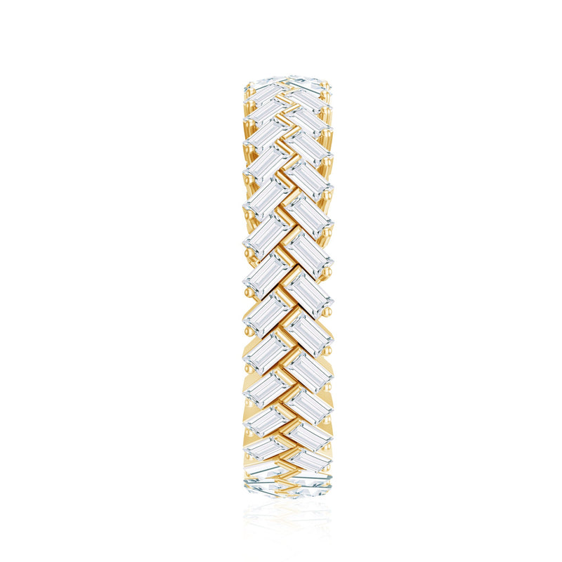 Rosec Jewels braided wedding band with baguette cut cubic zirconia, featuring intricate design and a certificate of authenticity.