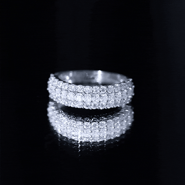 Yellow gold classic moissanite three-row wedding band ring by Rosec Jewels, featuring sparkling stones in a elegant design.