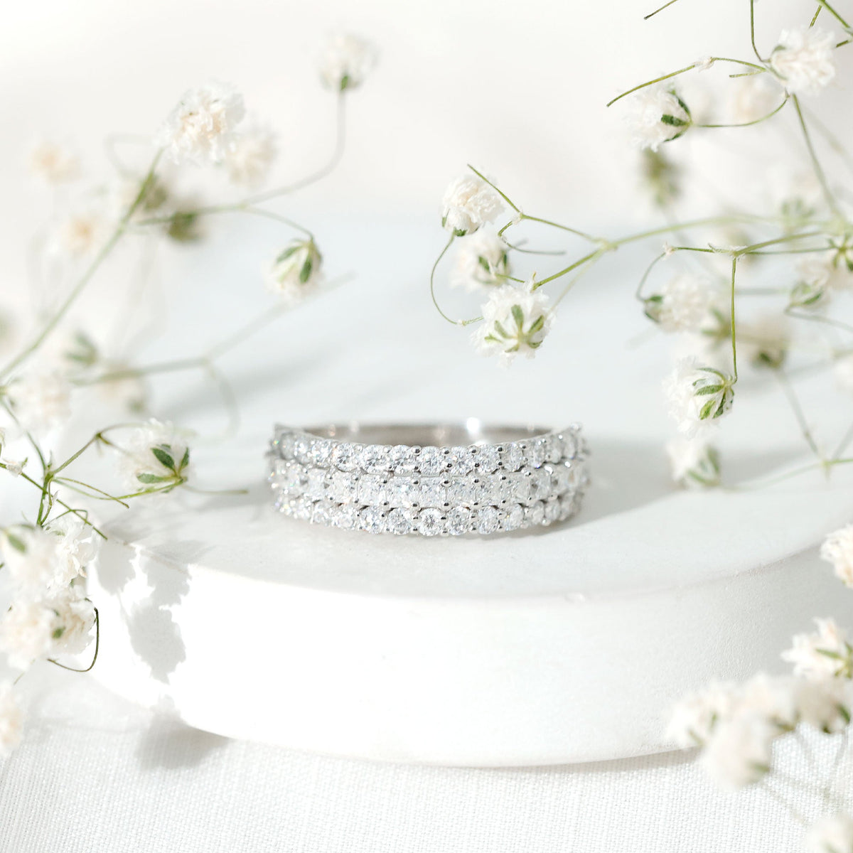 Classic Moissanite Three Row Wedding Band Ring