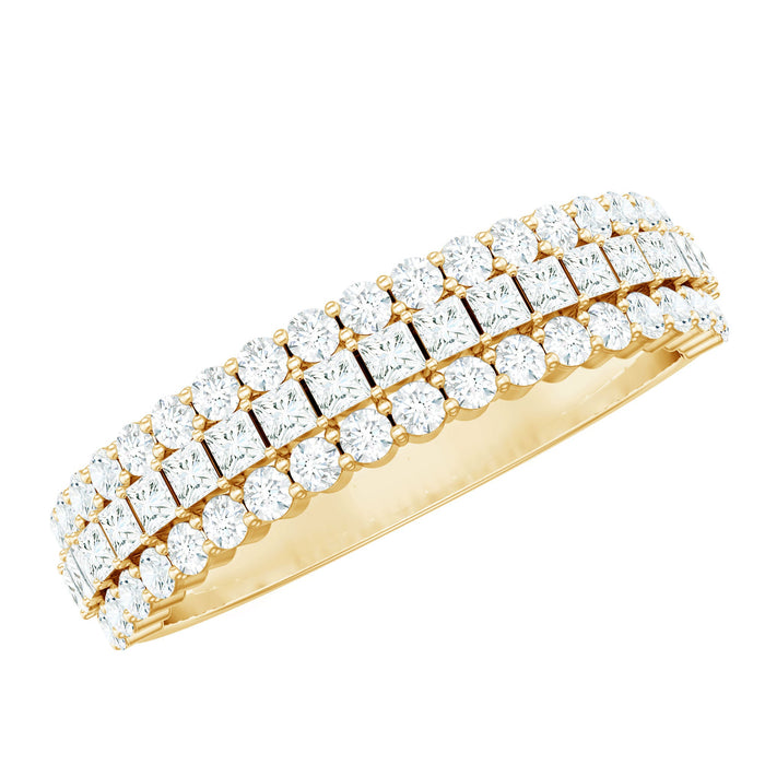 Rosec Jewels classic moissanite three-row wedding band ring with sparkling stones, showcasing elegant design and craftsmanship.