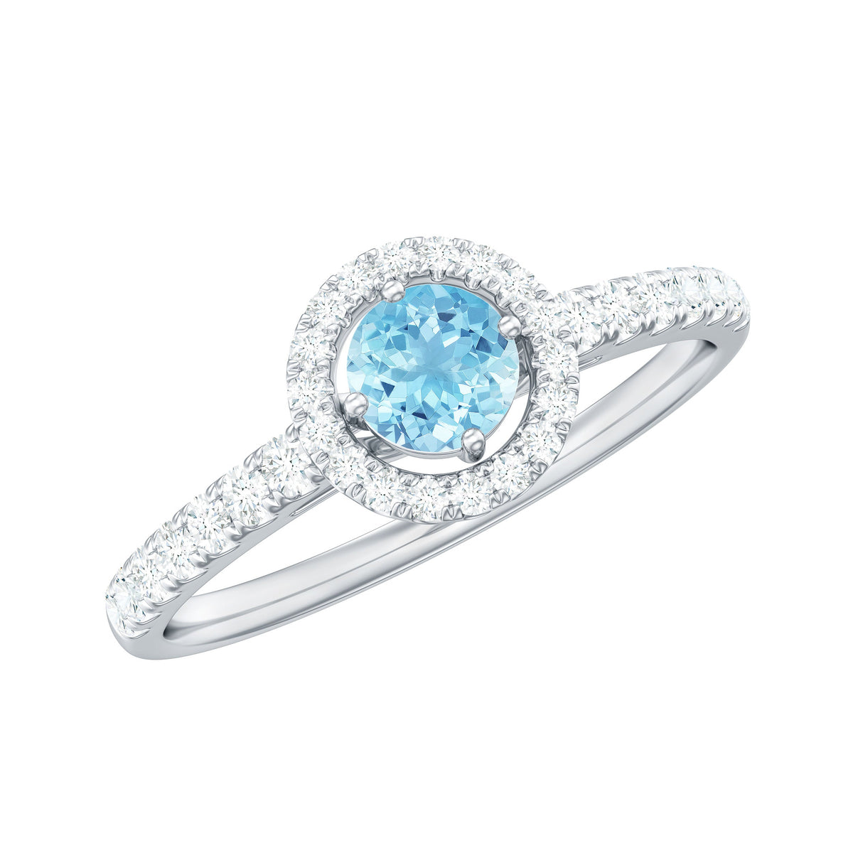 Certified natural aquamarine engagement ring with diamond halo from Rosec Jewels, featuring a stunning blue gemstone and sparkling accents.
