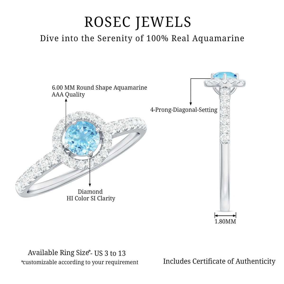 Certified natural aquamarine engagement ring with diamond halo, featuring a rose gold band and intricate detailing.