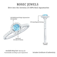 Certified natural aquamarine engagement ring with diamond halo, featuring a rose gold band and intricate detailing.