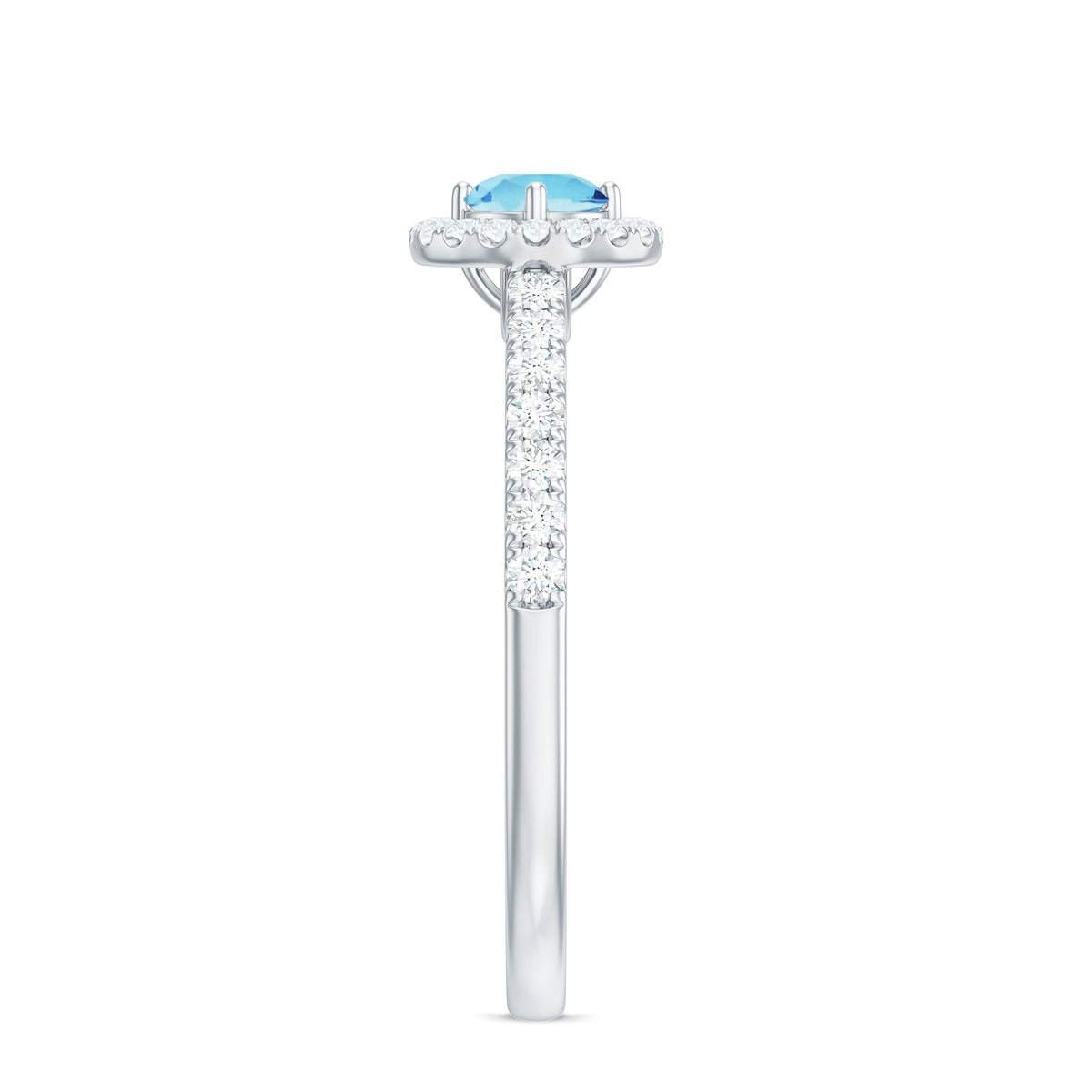 Certified natural aquamarine engagement ring with diamond halo, featuring a silver band and intricate detailing by Rosec Jewels.