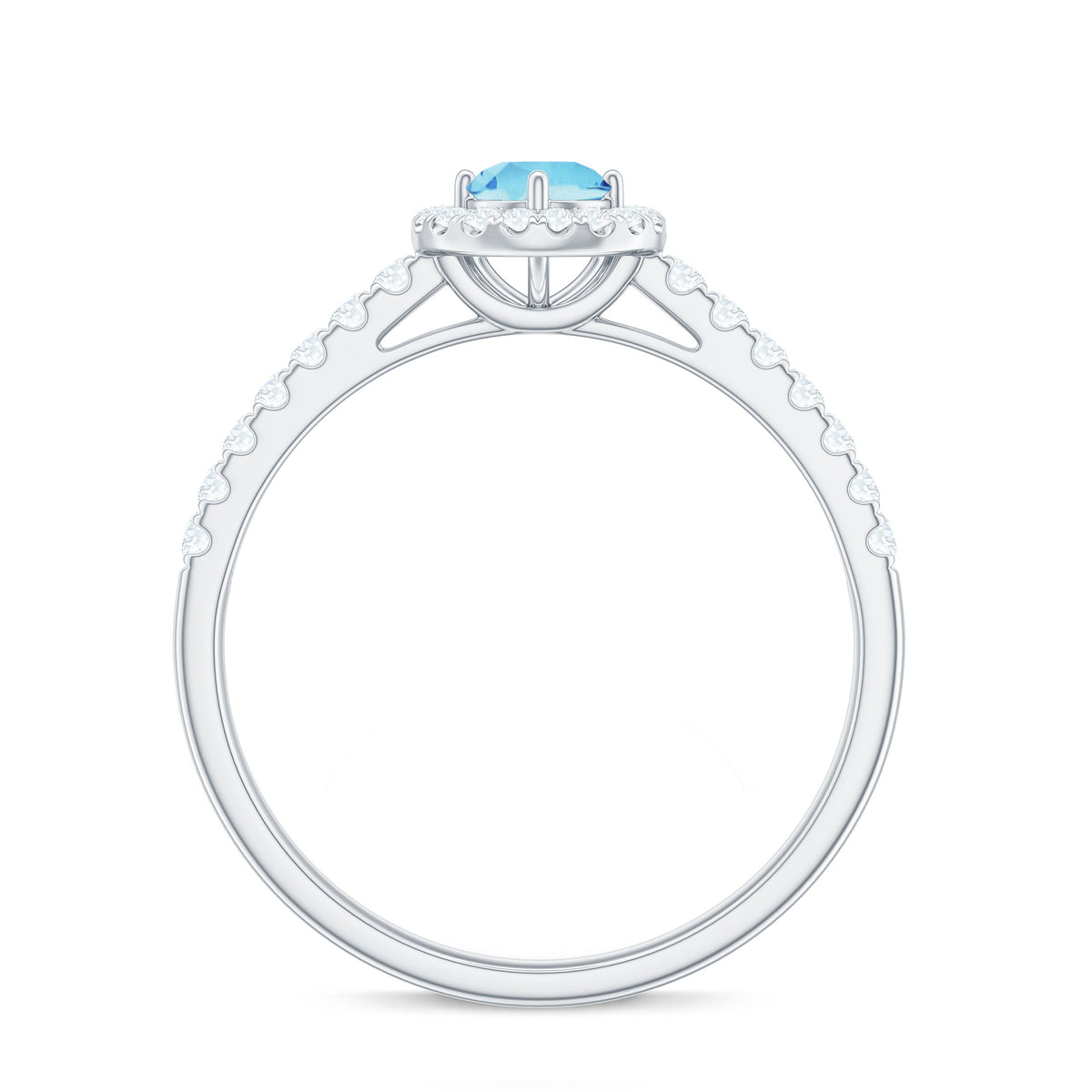 Natural aquamarine engagement ring with diamond halo from Rosec Jewels, showcasing a sparkling center stone and intricate band details.
