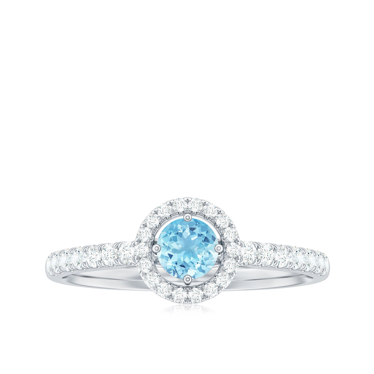 Certified natural aquamarine engagement ring with diamond halo, featuring a silver band and intricate detailing, by Rosec Jewels.