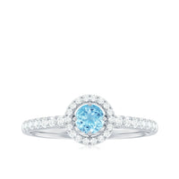 Certified natural aquamarine engagement ring with diamond halo, featuring a silver band and intricate detailing, by Rosec Jewels.