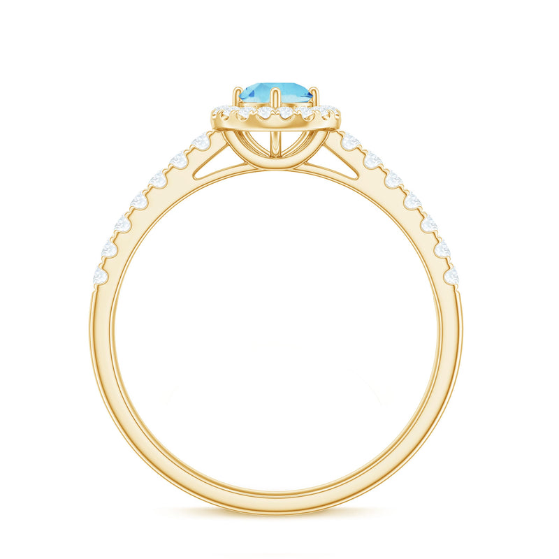 Certified natural aquamarine engagement ring with diamond halo, showcasing a elegant blue gemstone and sparkling accent diamonds.