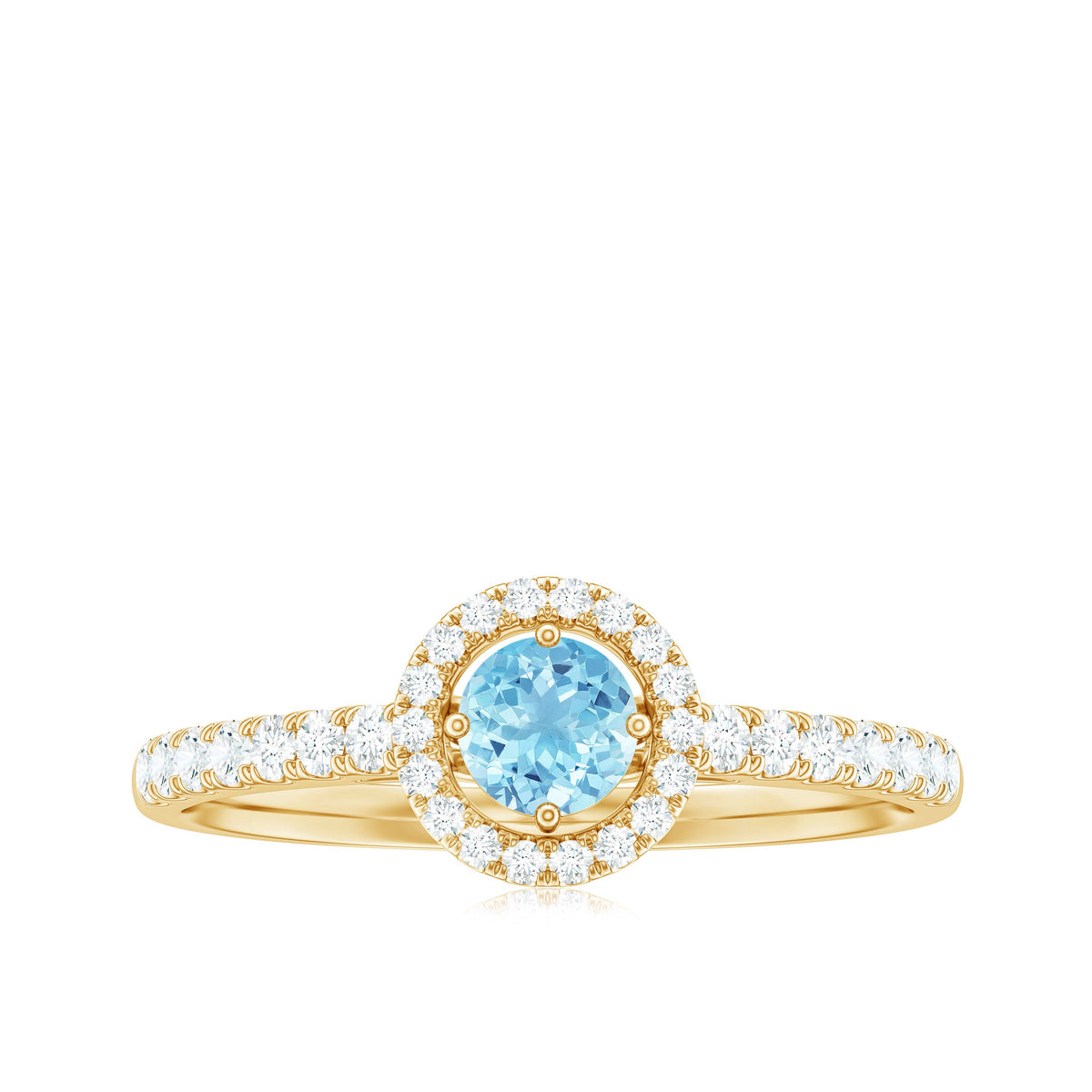 Certified natural aquamarine engagement ring with diamond halo, featuring a silver band and intricate detailing.