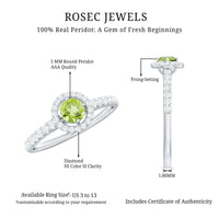 Genuine half carat peridot engagement ring with diamond halo from Rosec Jewels, featuring a green peridot gemstone and sparkling diamonds.
