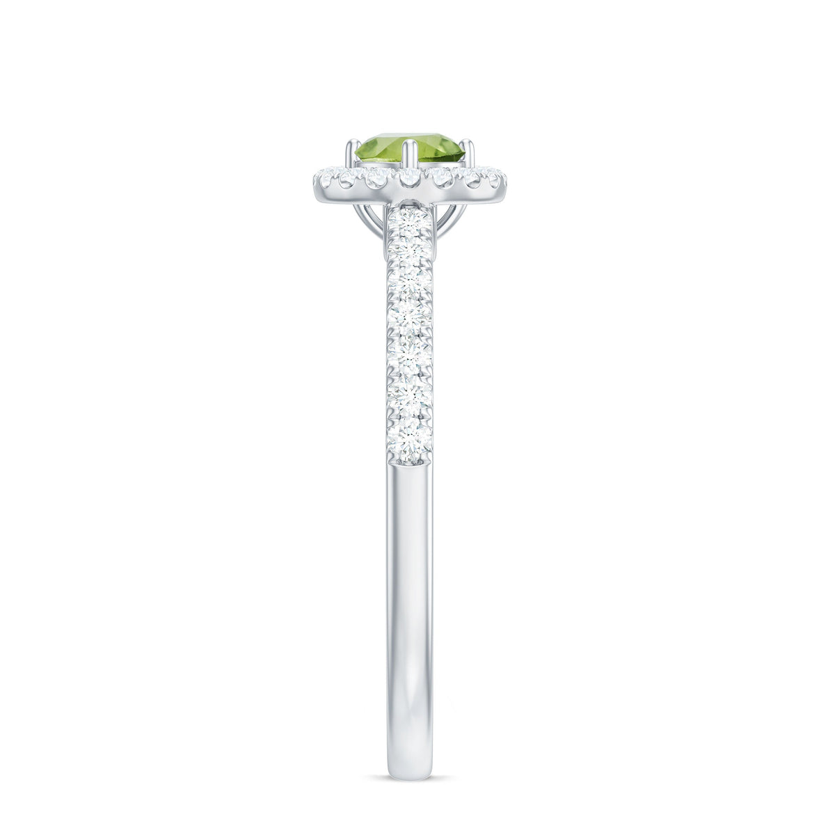 Genuine half carat peridot engagement ring with diamond halo by Rosec Jewels, featuring a vibrant green peridot center and sparkling diamonds.
