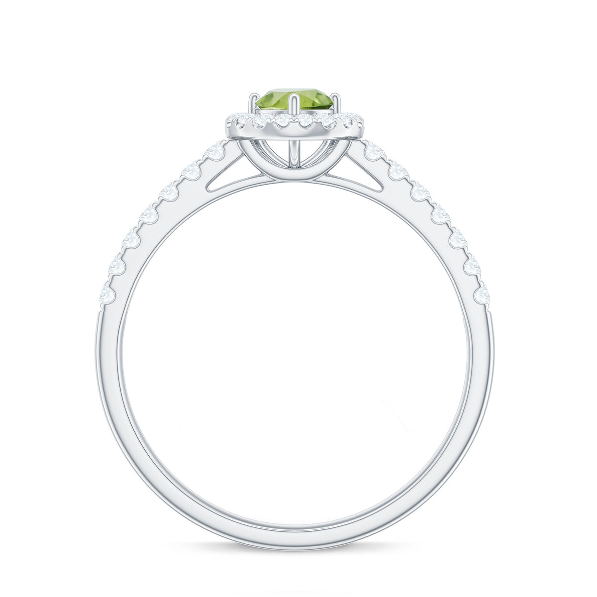 Genuine half carat peridot engagement ring with diamond halo by Rosec Jewels, showcasing the vibrant green gemstone and sparkling diamonds.