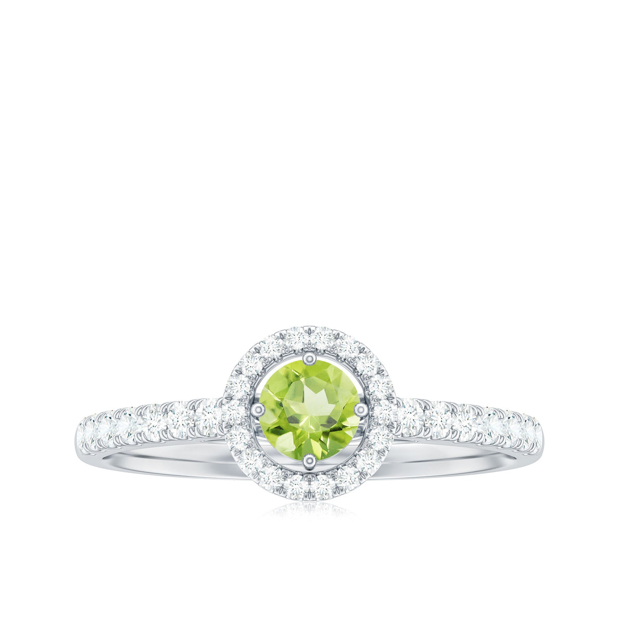 Genuine half carat peridot engagement ring with diamond halo from Rosec Jewels, showcasing the vibrant green peridot center and sparkling diamonds.
