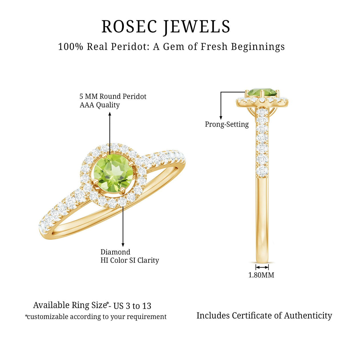 Genuine half carat peridot engagement ring with diamond halo and rose gold band, featuring detailed craftsmanship and sparkling stones.