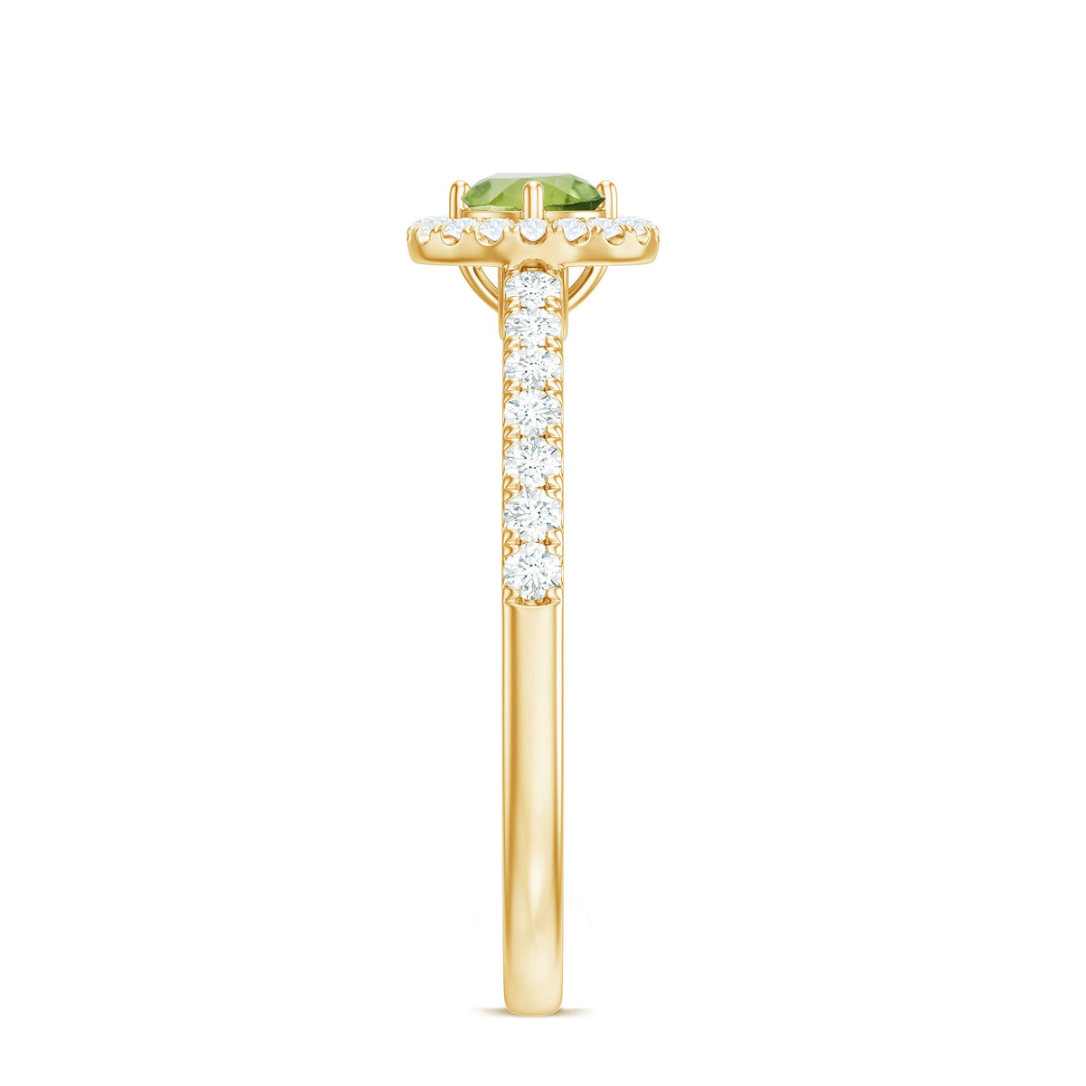 Genuine half carat peridot engagement ring with diamond halo from Rosec Jewels, featuring a central peridot gemstone and sparkling diamonds.