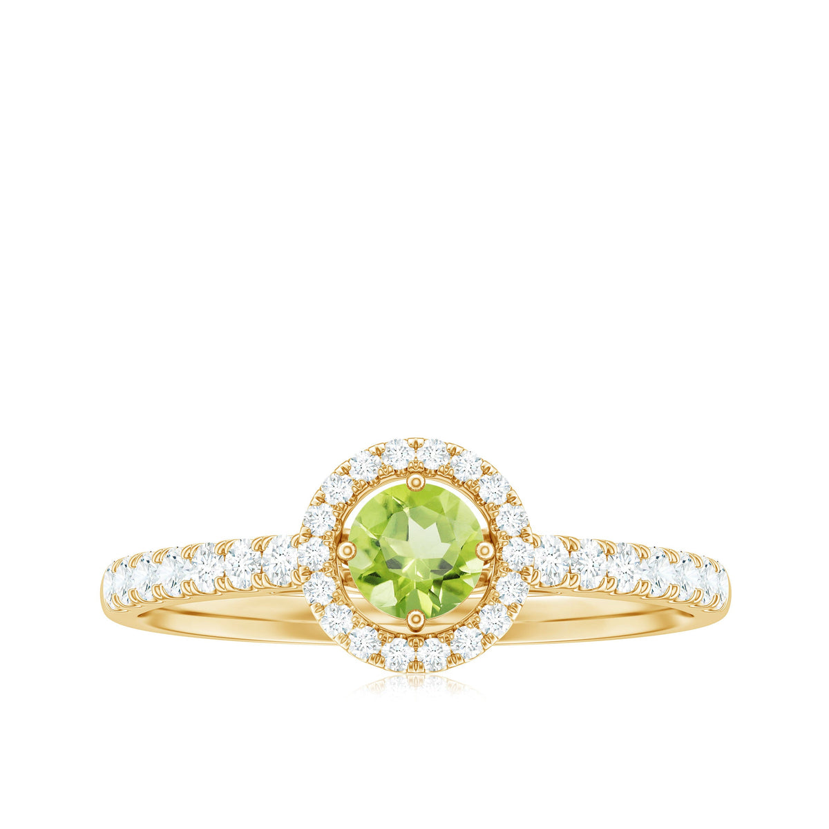 Genuine half carat peridot engagement ring with diamond halo, featuring rose gold band and intricate detailing.