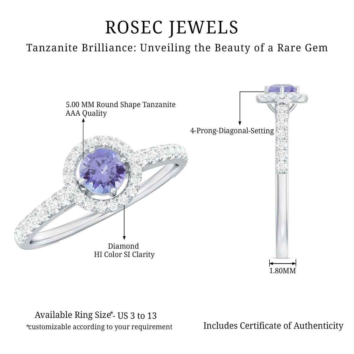 Natural Tanzanite and Diamond Promise Ring in silver with intricate design, showcasing sparkling gemstones and elegant craftsmanship.