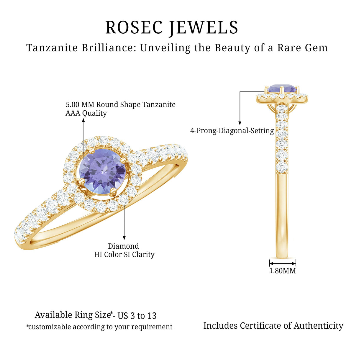 Natural Tanzanite and diamond promise ring from Rosec Jewels, featuring a stunning blue tanzanite gemstone with sparkling diamonds.