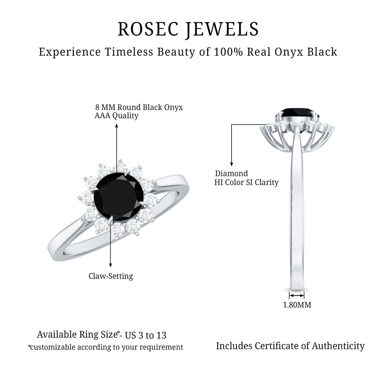 Round cut black onyx and diamond engagement ring for women by Rosec Jewels, featuring a sleek band with sparkling accents.