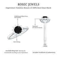 Round cut black onyx and diamond engagement ring for women by Rosec Jewels, featuring a sleek band with sparkling accents.