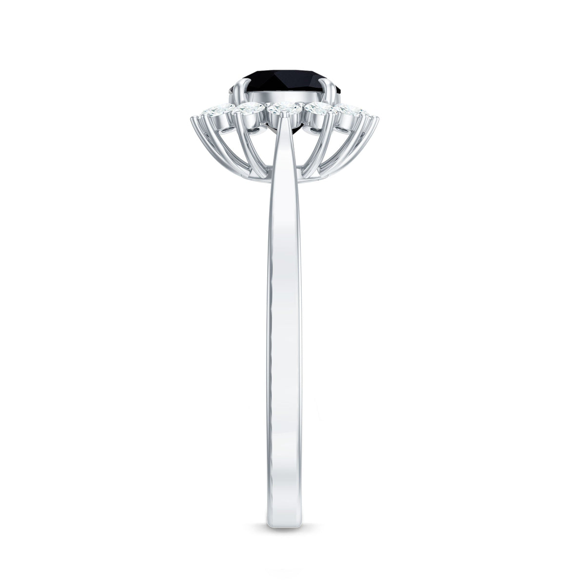 Round cut black onyx and diamond engagement ring for women with a band featuring sparkling diamonds, by Rosec Jewels.
