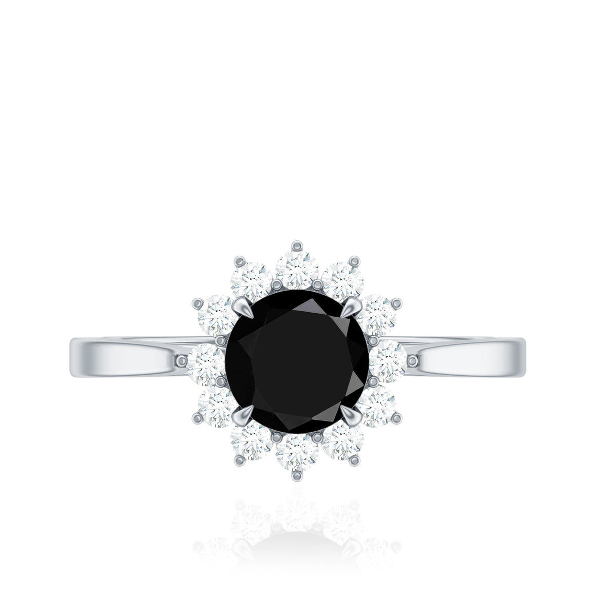 Round cut black onyx and diamond engagement ring for women by Rosec Jewels, featuring a sleek band and sparkling gemstones.