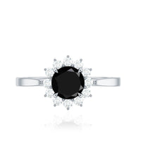 Round cut black onyx and diamond engagement ring for women by Rosec Jewels, featuring a sleek band and sparkling gemstones.