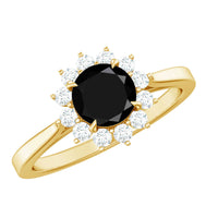 Round cut black onyx and diamond engagement ring for women with a sleek band, crafted by Rosec Jewels.