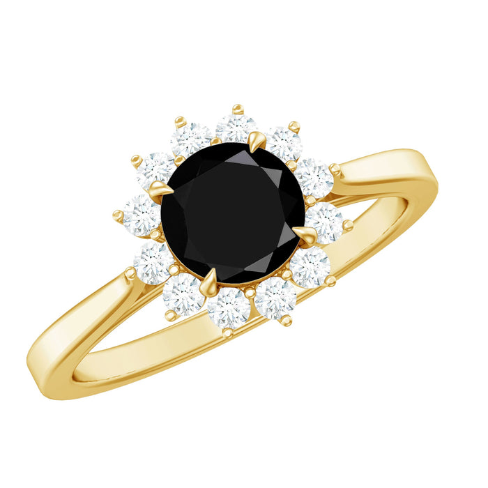 Round cut black onyx and diamond engagement ring for women with a sleek band, crafted by Rosec Jewels.