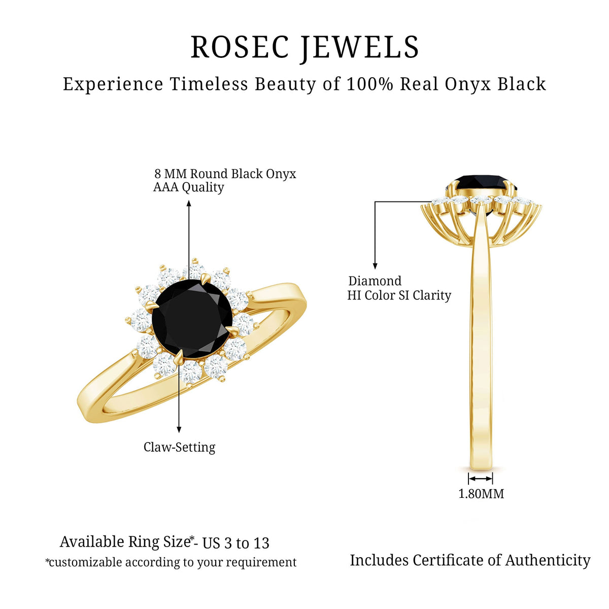 Round cut black onyx and diamond engagement ring for women by Rosec Jewels, featuring a sleek design and sparkling gemstones.