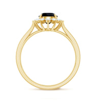 Round cut black onyx and diamond engagement ring for women featuring a sleek band and elegant gemstone setting by Rosec Jewels.