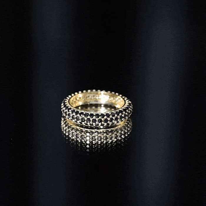Lab grown black diamond eternity band ring for women by Rosec Jewels, featuring a continuous circle of sparkling black diamonds.