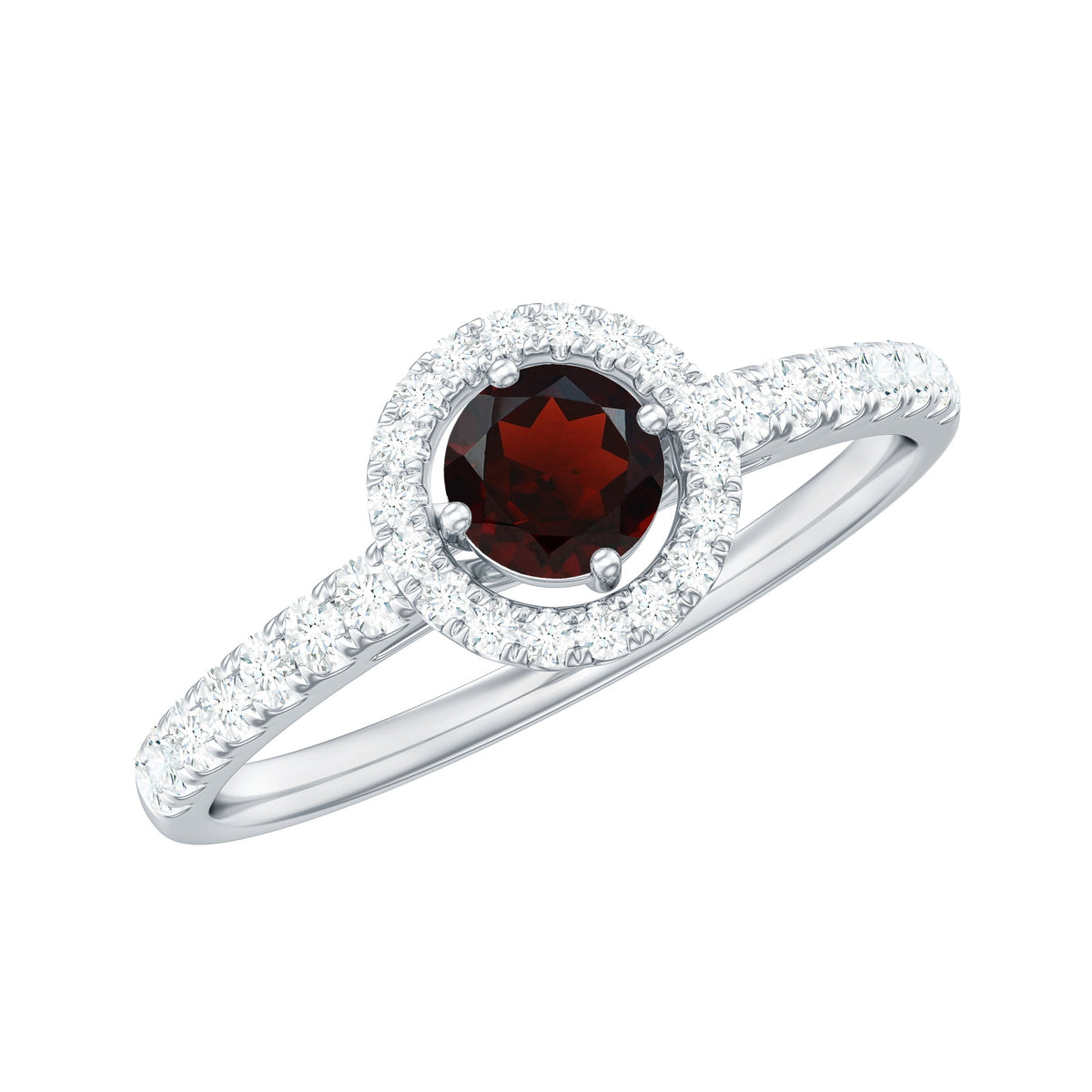 Rosec Jewels garnet minimal engagement ring with diamond halo, featuring a central garnet gemstone and delicate band.